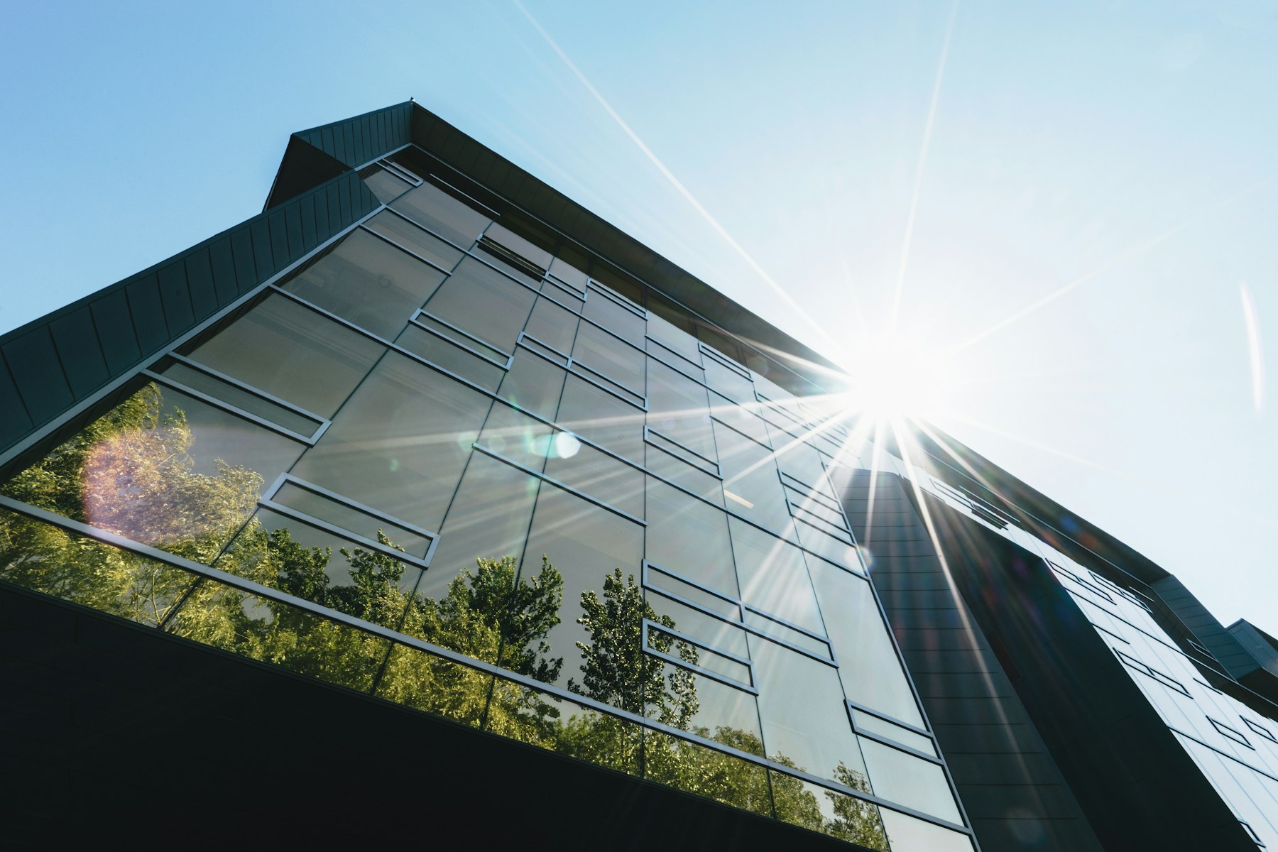Low-angle view of a modern commercial building facade